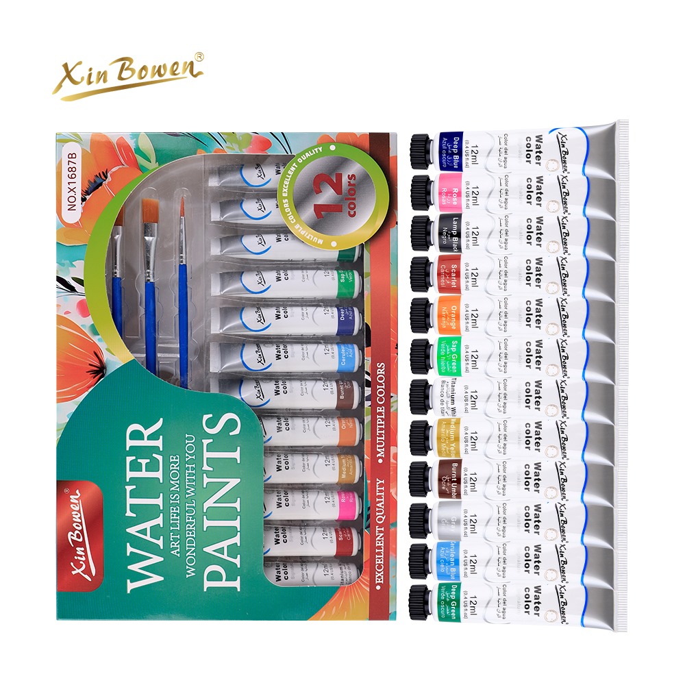 Xinbowen Watercolour Paint Set 12pcs X 12mls with Brush and Palette Tray - Image 2